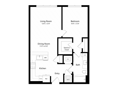 Floor plan for 1 bed, 1 bath, 749 sqft